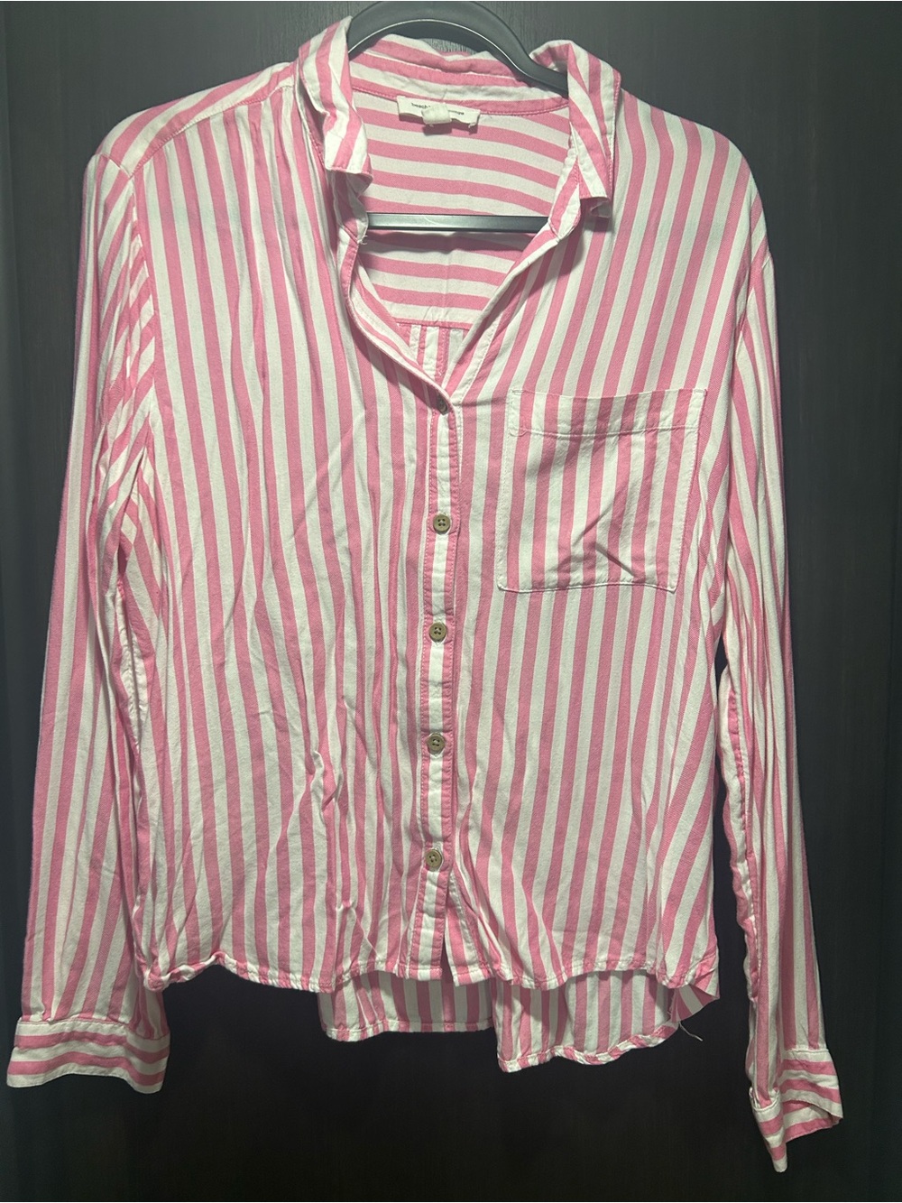 Women’s Pink and White Striped Button-Up Shirt